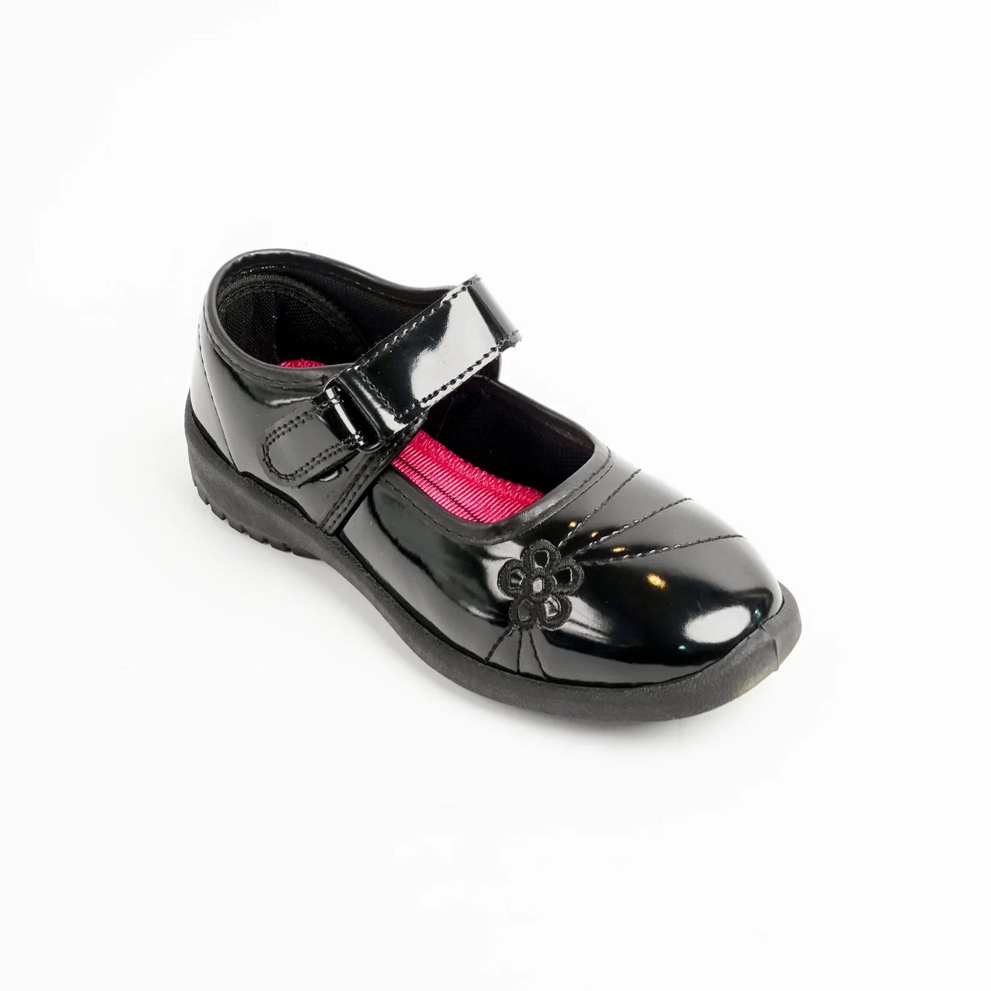 X-0098 – Girls' Black Patent Leather School Shoes with Velcro Strap & Flower Design