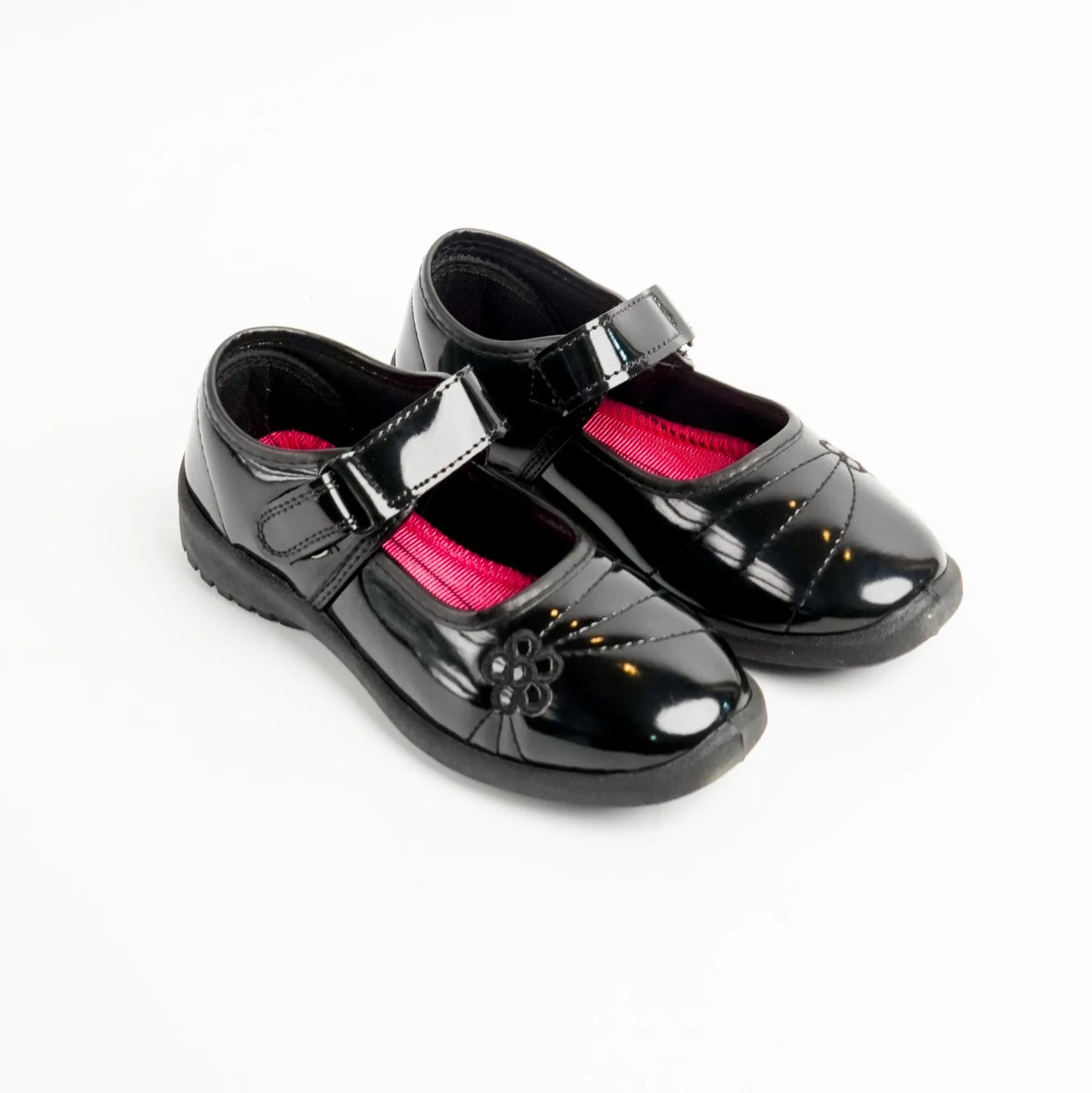 X-0098 – Girls' Black Patent Leather School Shoes with Velcro Strap & Flower Design