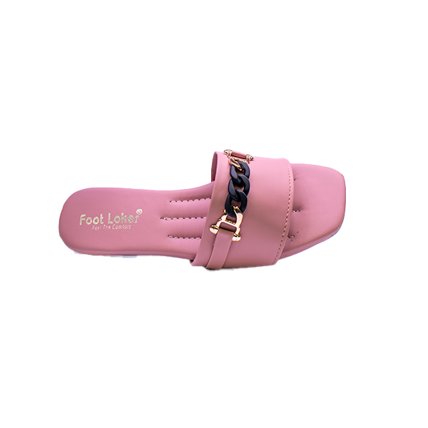 Pink women’s slip-on slipper with black and gold chain detail, square toe design, and cushioned insole