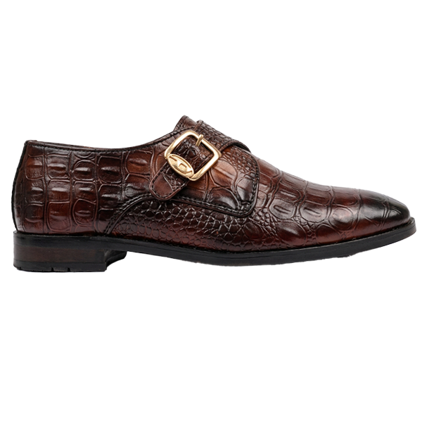 KS-1610 - Premium Brown Alligator Single Monk Strap Leather Shoes
