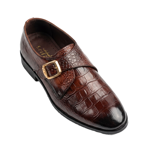 KS-1610 - Premium Brown Alligator Single Monk Strap Leather Shoes