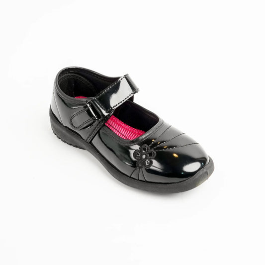 X-0098 – Girls' Black Patent Leather School Shoes with Velcro Strap & Flower Design
