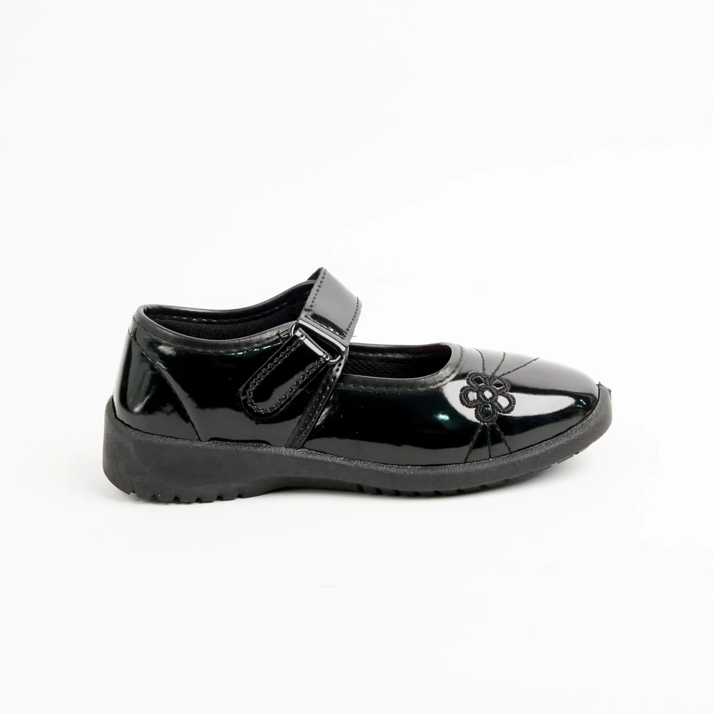 X-0098 – Girls' Black Patent Leather School Shoes with Velcro Strap & Flower Design