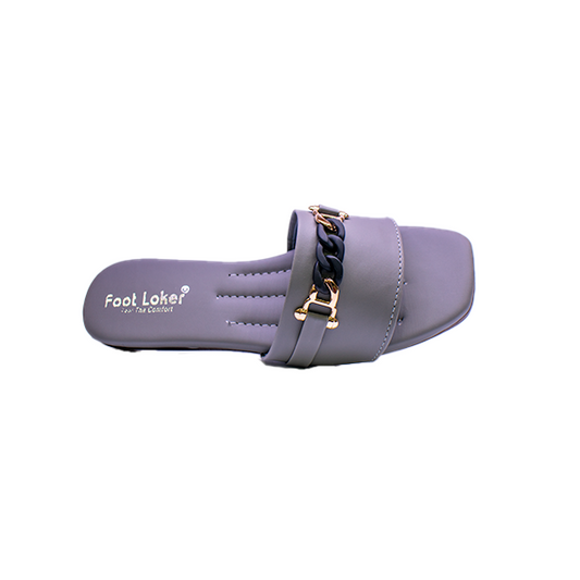 Grey women’s slip-on slipper with black and gold chain detail, square toe design, and cushioned insole